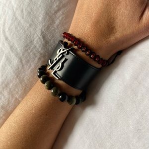 YSL all black leather cuff bracelet
